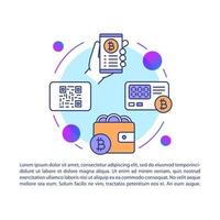 bitcoin portemonnee artikel pagina vector sjabloon. virtuele geldbetaling. bank app dienst. brochure, tijdschrift, boekje ontwerpelement met lineaire pictogrammen en tekst. print ontwerp. concept illustraties