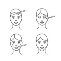 plastische chirurgie lineaire pictogrammen instellen. facelift chirurgie, ooglidcorrectie, dubbele kin verwijderen, wang lift chirurgie. dunne lijn contour symbolen. geïsoleerde vectoroverzichtsillustraties. bewerkbare streek vector