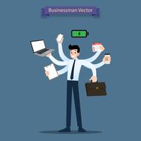 De gelukkige zakenman met vele handen heeft multitasking en multivaardigheid en concept van de productiviteits het krachtige werkbelasting. vector