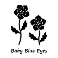baby blauwe ogen glyph icoon. linnen bloeiende bloem met naam inscriptie. nemophila menziesii tuinplant. blauw vlas. wilde bloemen bloeien. silhouet symbool. negatieve ruimte. vector geïsoleerde illustratie