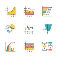 grafiek en grafiek gekleurde pictogrammen instellen. horizontaal histogram. vlakdiagram met segmenten. functie curve. radiaal diagram. pareto-curve. figuur grafiek. dataverbinding en bedrading. geïsoleerde vectorillustraties vector