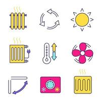 airconditioning gekleurde pictogrammen instellen. radiatoren, ventilatie, zon, klimaatbeheersing, afzuigventilator, conditioner louver, thermostaat, verwarmingselement. geïsoleerde vectorillustraties vector