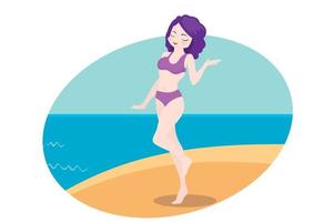 op de foto, een jonge vrouw in een badpak uit de zee, een mooie paarse badpakmodeshow. jonge vrouwen zijn aantrekkelijk en mooi. vlakke stijl cartoon illustratie vector