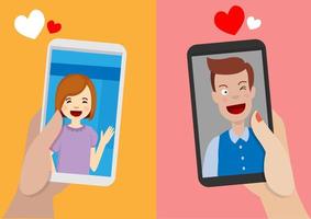 lange afstand relatie en communicatie paar chatten via video-oproep op smartphone, vlakke stijl vector