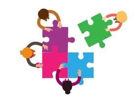 inspiratie, partnership, teambuilding en strategie. zakelijk teamwork verbindt de puzzelstukjes met elkaar. vlakke stijl cartoon illustratie vector