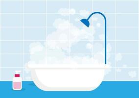 badkuip met schuim binnen en badkuip geïsoleerd op een lichtblauwe betegelde achtergrond badtijd in vlakke stijl vectorillustratie vector