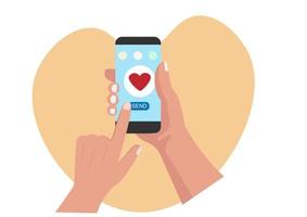 mobiele telefoon met hart emoji romantische communicatieconcept op witte achtergrond sociaal netwerk concept. vlakke stijl cartoon vectorillustratie vector