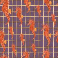 natuur exotische dieren naadloze doodle patroon met willekeurig oranje zeepaardje ornament. paarse geruite achtergrond. vector