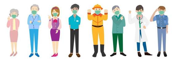 vectorillustratie van mensen van verschillende beroepen en leeftijden die maskers dragen om te beschermen tegen het coronavirus, griep, luchtvervuiling.
