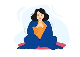 een vrouw die graag ontspant, thee drinkt, haar lichaam bedekt met een deken. vector
