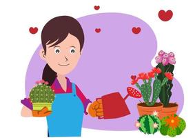 de eigenaresse van de cactusbloemenwinkel, ze zorgt goed voor de planten en onderhoudt ze. maak de boom in haar winkel mooi. vlakke stijl cartoon illustratie vector