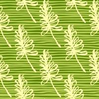 gele voorgevormde bloemen takken naadloze patroon. hand getekende ornament met groene gestripte achtergrond. vector