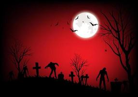 halloween met zombies en maan op de rode bloedige achtergrond van het kerkhof vector