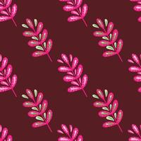 helder naadloos botanisch patroon met het roze ornament van bladtakken. kastanjebruine donkere achtergrond. vector