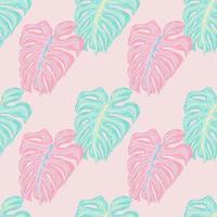 pasteltinten naadloos patroon met roze en blauwe omtrek monstera silhouetten print. pastelkleurige achtergrond. vector