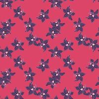 marineblauw willekeurige orchidee bloemen naadloos patroon in tropische stijl. roze heldere achtergrond. doodle stijl. vector