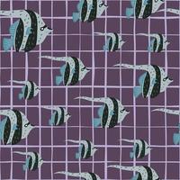 hand getekende willekeurige keizerlijke maanvissen vormen naadloos patroon. paarse geruite achtergrond. vector