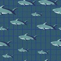 willekeurig naadloos patroon met silhouetten van haaienvissen. grijze geruite achtergrond. abstracte geometrische stijl. vector