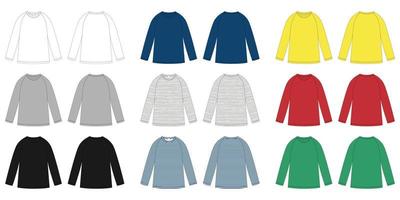 kinder vector technische schets raglan sweatshirt. kinderen dragen jumper ontwerpsjabloon geïsoleerd. witte, grijze, zwarte, blauwe, gele, rode, groene kleuren. melange en strepen stof.