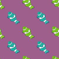 naadloze patroon met grappige abstracte clown vis silhouetten in blauwe en groene kleuren. paarse achtergrond. vector