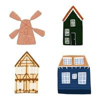 set Nederlandse huizen geïsoleerd op een witte achtergrond. cartoon schets handgetekende huizen, molen, traditioneel huisje.