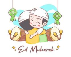 eid mubarak wenskaart met schattige moslim jongens cartoon afbeelding