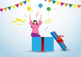 online winkelen beloningen gelukkig meisje karakter ontvangt een geschenkdoos van het programma online winkelen. vlakke stijl cartoon illustratie vector