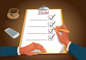 potlood in de hand van zakenman in grote checklist met vinkje, bedrijfsorganisatie en vectorconcept controleer de lijst met een marker. vector
