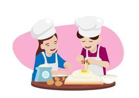 glimlach van mannen en vrouwen die een cake maken. Veel plezier met bakken, koken of bakken. mooie koppels genieten samen van hun hobby's. cartoon platte kleurrijke vector afbeelding