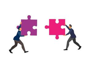 business team concept twee mensen uit het bedrijfsleven verbinden twee elementen symbool van samenwerking, samenwerking, partnerschap. vlakke stijl cartoon illustratie vector