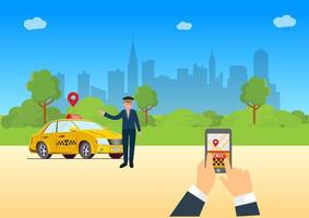 handen met slimme telefoon en taxitoepassing, taxidienst, gele taxicabine op stadssilhouet met wolkenkrabbers en torenachtergrond, vectorillustratie. vector