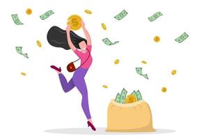 gelukkige vrouwen ontvangen contant geld mensen die geld besparen krijgen winst of hoog inkomen vectorillustratie geld verdienen, financiën, succes concept. vlakke stijl cartoon illustratie vector