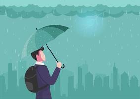 zakenman met paraplu die in de regen staat en bliksem hij staat op het punt het werk te presenteren dat aan de klant is voorbereid. silhouet van grote stad op vlakke vectorillustratieachtergrond vector