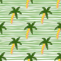 groen gekleurde palmboom elementen naadloze doodle patroon. witte en groene gestreepte achtergrond. vector