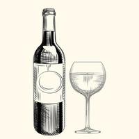 hand getekende fles wijn en glas. gravure stijl. geïsoleerde objecten. vector