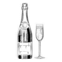 handgetekende champagnefles en glas. geïsoleerde objecten vector