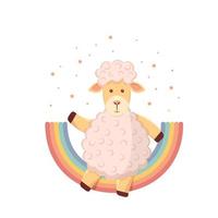 schattige kinderen illustratie van een lam op een regenboog, rond een ster op een witte achtergrond vector