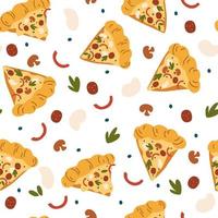 pizza naadloos patroon. pizzapunten met mozzarella, salami, kruiden, champignons en peper. doodle fastfood achtergrond. voor inpakpapier, textiel, behang, restaurant of café. vector illustratie