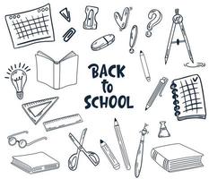 schoolspullen. terug naar school. grote set doodle hand tekenen school items. boeken, potloden, pennen, notitieboekjes, gummen, papier, clips, kompassen. studie. vector illustratie