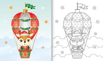 kleurboek met schattige herten kerstfiguren op heteluchtballon met een kerstmuts, jas en sjaal vector