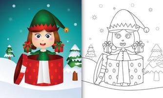 kleurboek met een schattig elfje kerstfiguren in de geschenkdoos vector