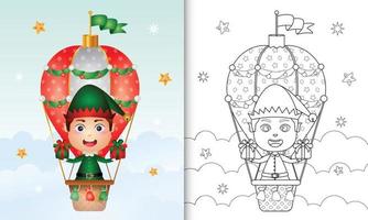 kleurboek met een schattige jongenself kerstpersonages op heteluchtballon met een zak geschenken vector