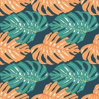 helder naadloos patroon met blauwe en oranje abstracte monstera-vormen. marineblauwe achtergrond. vector