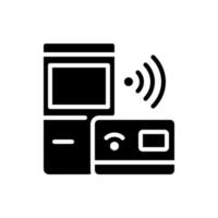 zelfkassa kiosk zwart glyph-pictogram. geldautomaat staan. slimme terminalservice. internet van dingen. slimme apparaattechnologie. silhouet symbool op witte ruimte. solide pictogram. vector geïsoleerde illustratie