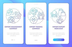 soorten export bedrijf blauw verloop onboarding mobiele app-scherm. walkthrough 3 stappen grafische instructiepagina's met lineaire concepten. ui, ux, gui-sjabloon. talloze pro-bold, reguliere lettertypen gebruikt vector