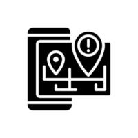 verkeersregelgeving zwarte glyph-pictogram. navigatie-informatie op mobiele app. internet van dingen. slimme apparaattechnologie. silhouet symbool op witte ruimte. solide pictogram. vector geïsoleerde illustratie