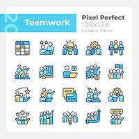 teamwork pixel perfecte rgb kleur iconen set. samenwerking aan projecten. samenwerking voor werkdoelen. geïsoleerde vectorillustraties. eenvoudige gevulde lijntekeningencollectie. bewerkbare streek vector