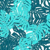 geïsoleerde naadloze patroon met doodle palm exotische monstera blad ornament. blauwgekleurde bladerprint. vector
