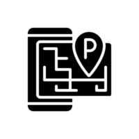 slim parkeren zwart glyph-pictogram. locatie op gps, mobiele applicatie. internet van dingen. slimme apparaattechnologie. silhouet symbool op witte ruimte. solide pictogram. vector geïsoleerde illustratie