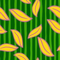 willekeurig naadloos grappig patroon met doodle gele omtrek bladvormen afdrukken. groene gestreepte achtergrond. vector